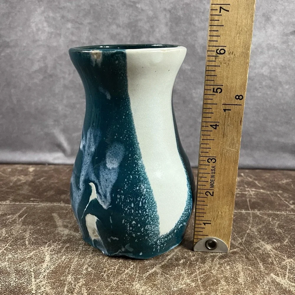 AMD Artisan Pottery Vase Small Teal Blue White Drip Glaze Coastal Decor Coastal